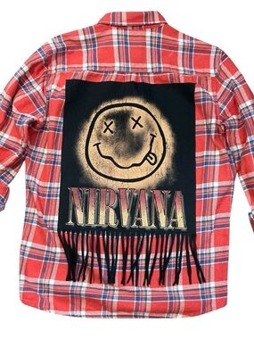 NIRVANA Upcycled Band T Shirt Flannel Top Fringe Boyfriend Grunge